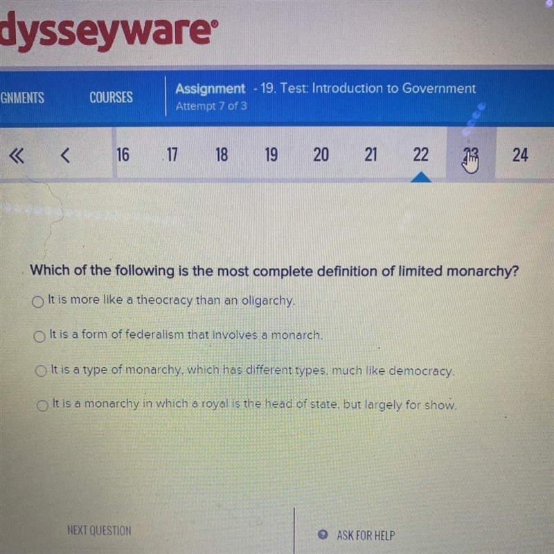 Help!! Which of the following is the most complete definition of limited monarchy-example-1