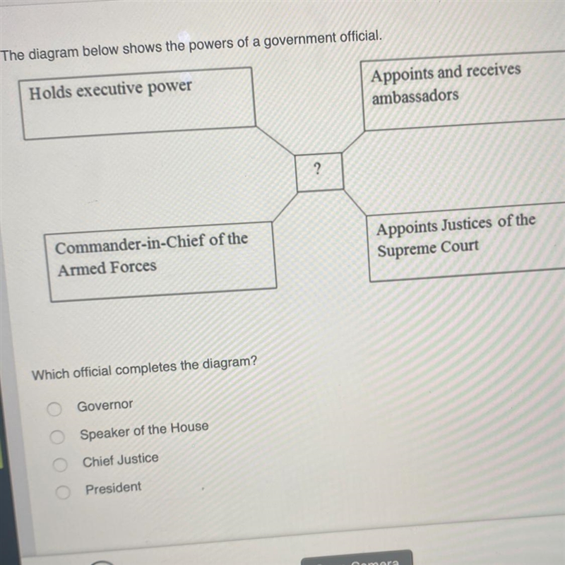 The diagram below shows the powers of a government official. Holds executive power-example-1