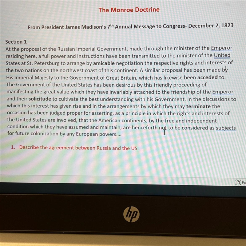 Explain the agreement between Russia and the U.S in the Monroe Doctrine. Hurry pls-example-1