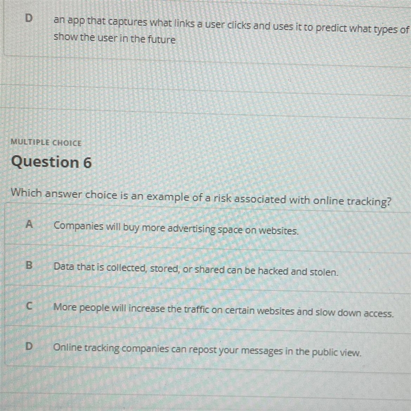 Which answer choice is an example of a risk associated with online tracking?-example-1