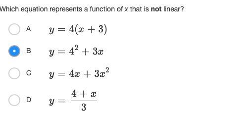 Which equation represents a function of x that is not linear?-example-1