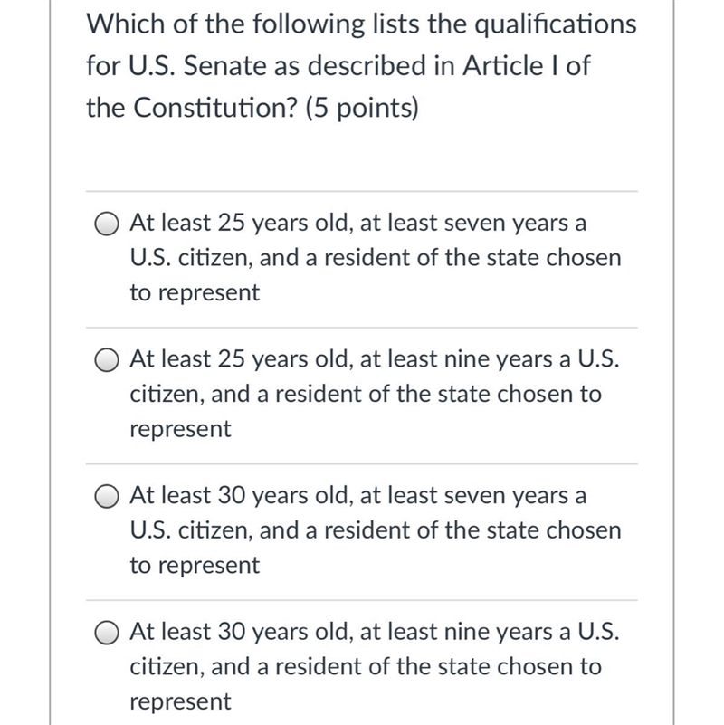 Which of the following lists the qualifications for U.S. Senate as described in Article-example-1