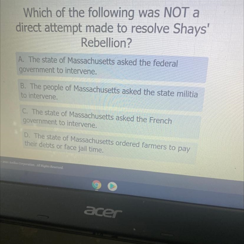 Which of the following was NOT a direct attempt made to resolve Shays' Rebellion? A-example-1