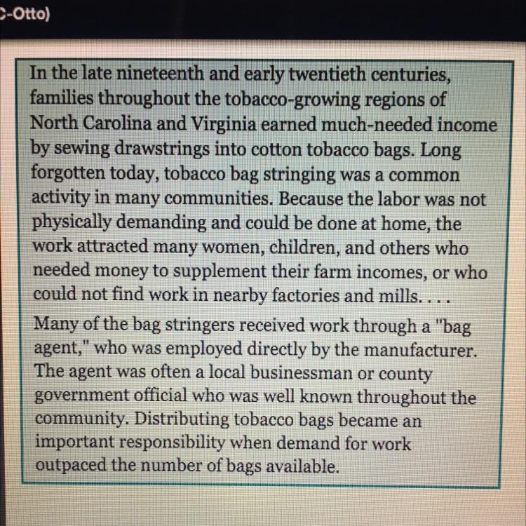 According to the text, why did tobacco bag stringing become a common practice? Check-example-1