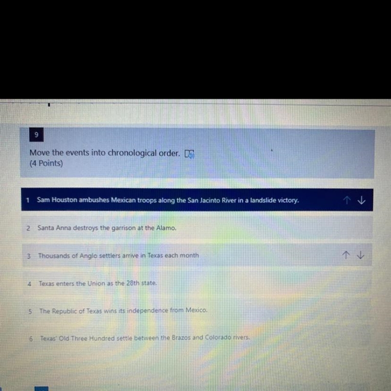 Move the events into chronological order. 1 Sam Houston ambushes Mexican troops along-example-1