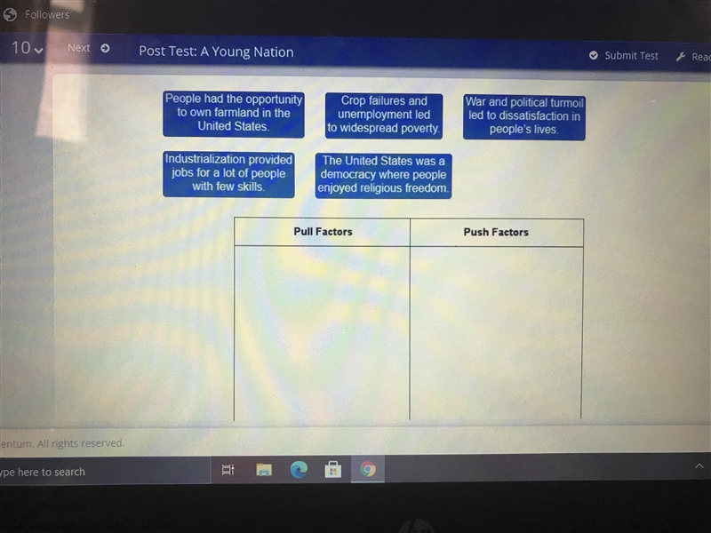 Drag each label to the correct location. Match the pull and push factors to immigration-example-1