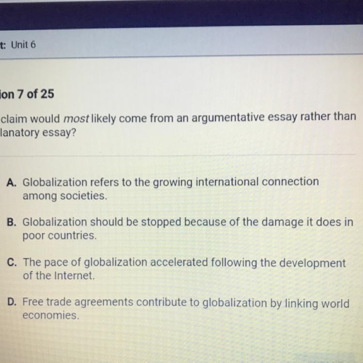 Which claim would most likely come from an argumentative essay rather than an explanatory-example-1