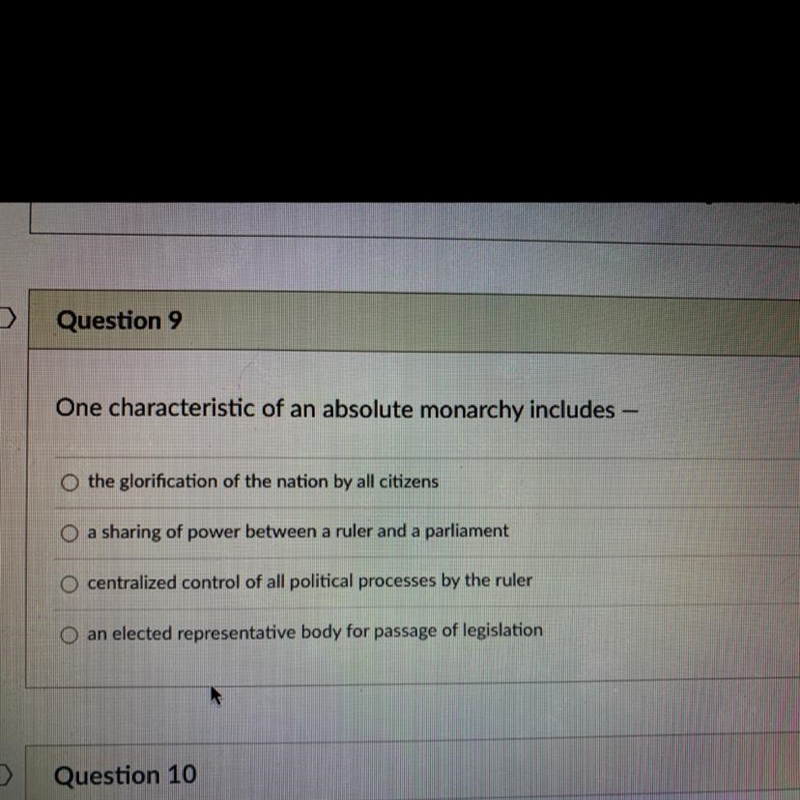 Question 9 5 pts One characteristic of an absolute monarchy includes – O the glorification-example-1