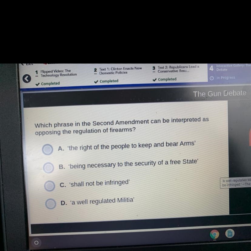 Which phrase in the Second Amendment can be interpreted as opposing the regulation-example-1