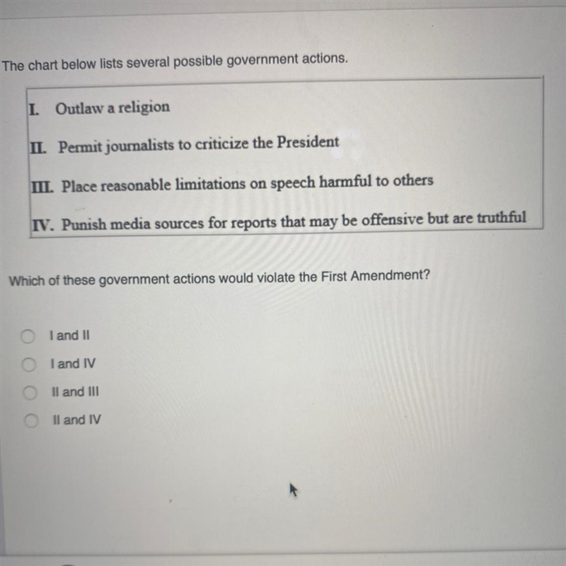 The chart below lists several possible government actions. I. Outlaw a religion II-example-1