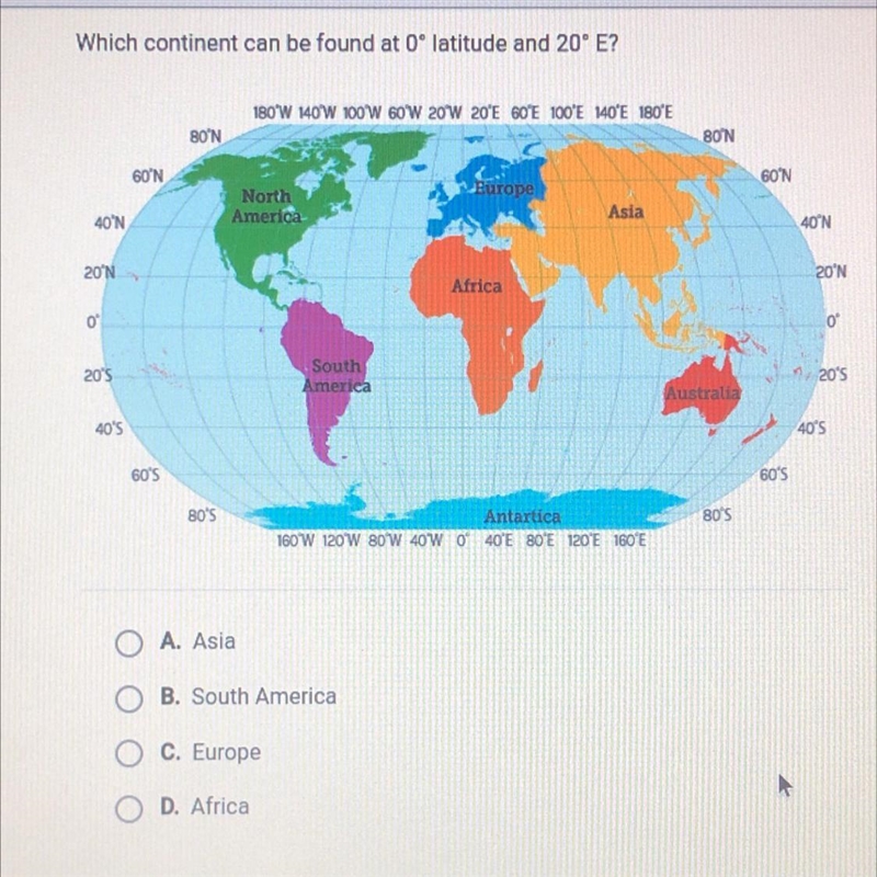 Which continent can be found at 0' latitude and 20' E?-example-1