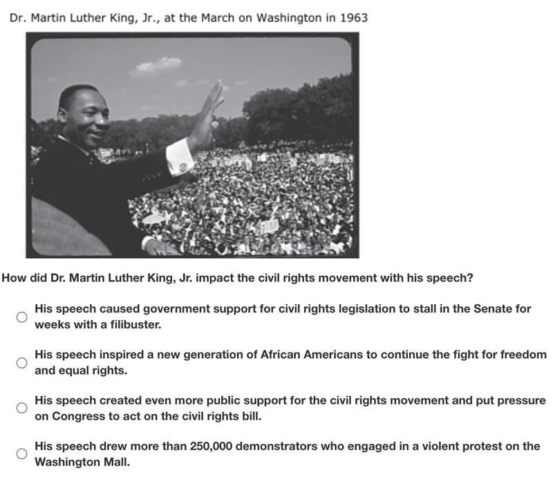 Does anyone know the answer to this? How did Dr. Martin Luther King, Jr. impact the-example-1