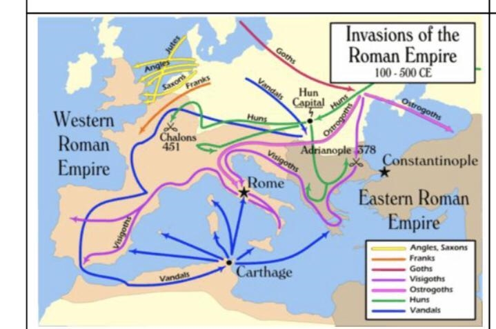 1. Identify and explain the geographic context of the map of Roman invasions, according-example-1