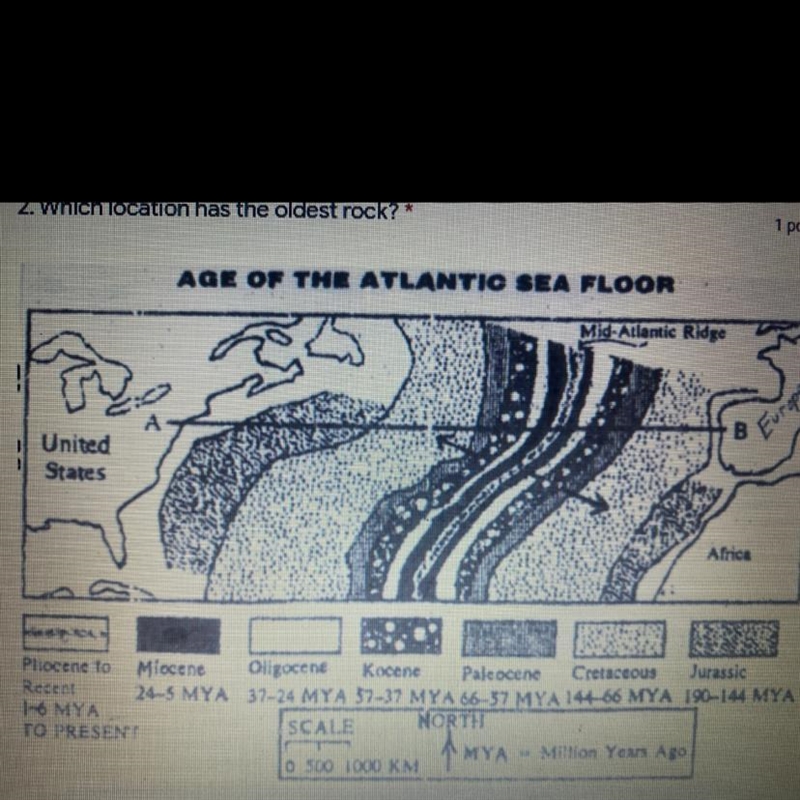 2. Which location has the oldest rock? : 1:mid-Atlantic ridge 2:oligocene 3:A 4:Paleocene-example-1