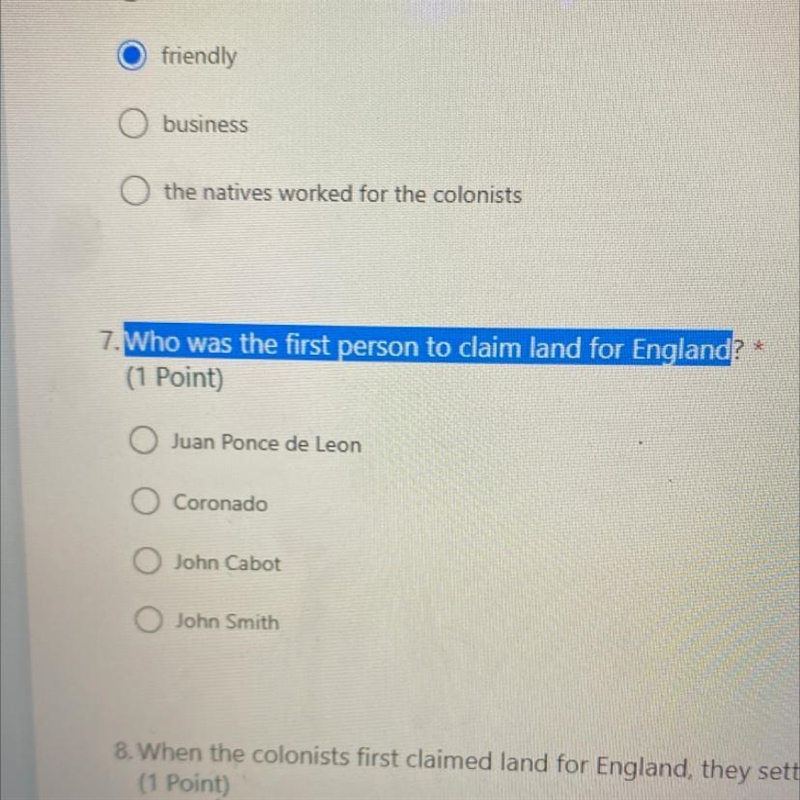 Who was the 1st person to claim land for England-example-1