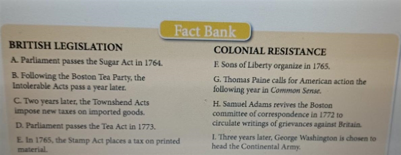 Plz help * match each letter in the Fact Bank to the timelines listed below 1764 1. 1765 2. 1765 3. 1767 4. 1772 5. 1773 6. 1774 7. 1775 8. 1776 9. ​-example-1