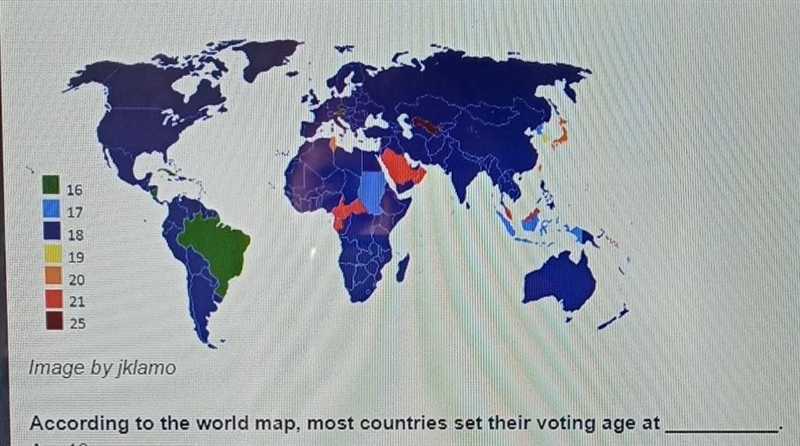 According to the world map, most countries set their voting age at blank. Please select-example-1