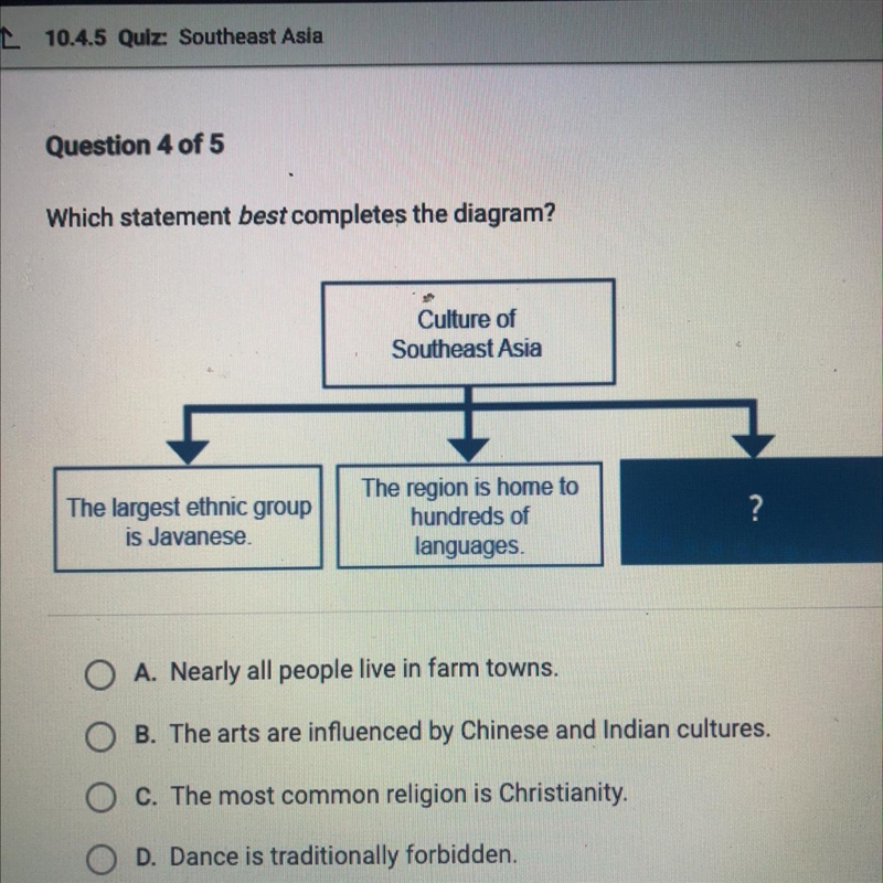 Which statement best completes the diagram? Culture of Southeast Asia The region is-example-1