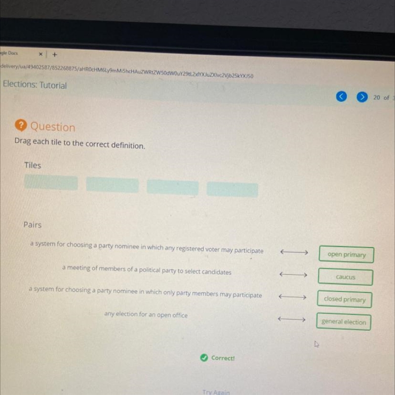 Question Drag each tile to the correct definition. Tiles closed primary open primary-example-1