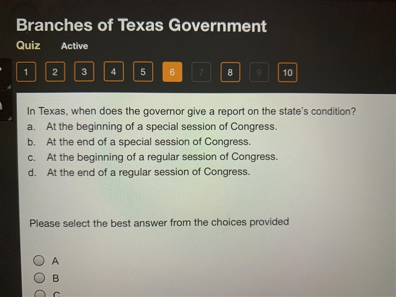 In Texas, when does the governor give a report on the state’s condition?-example-1