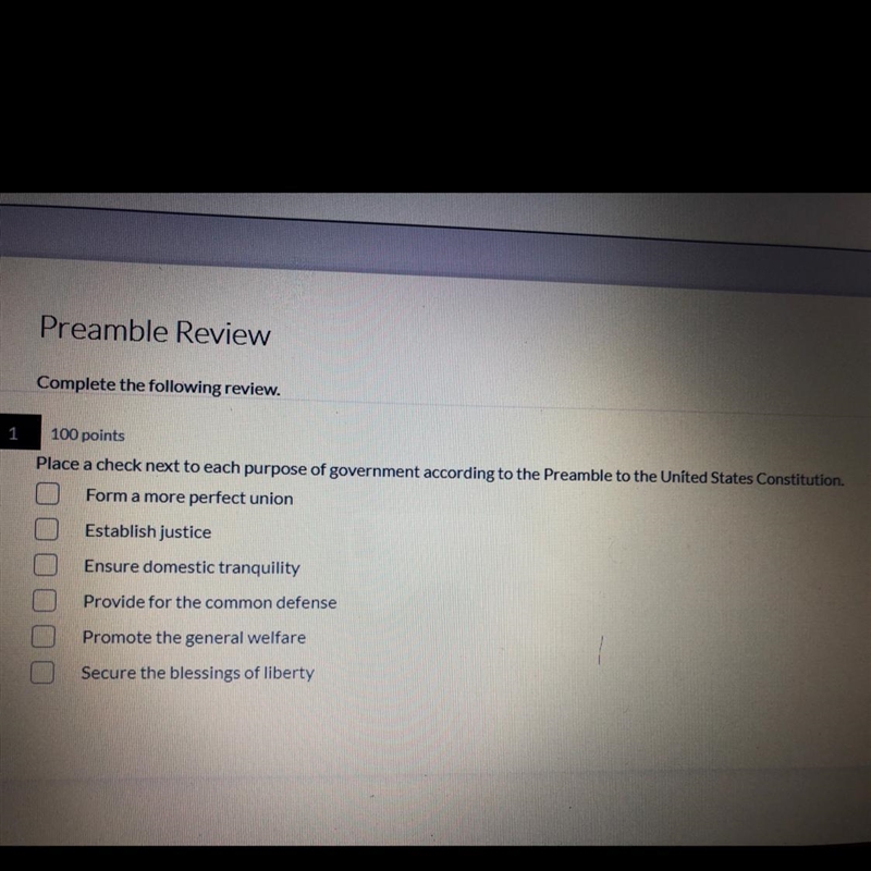 Place a check next to each purpose of government according to the Preamble to the-example-1