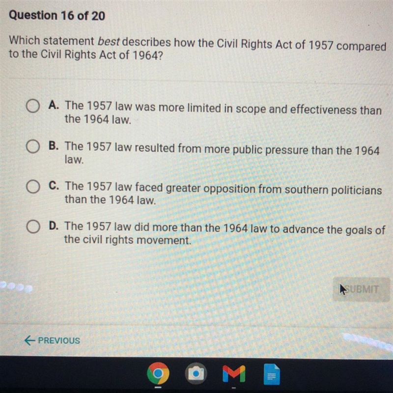 !!plzzz helppp!! Which statement best describes how the Civil Rights Act of 1957 compared-example-1