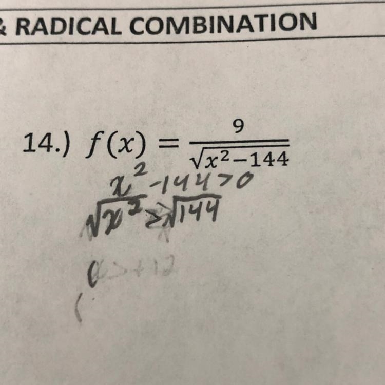 F(x)=9/square root of x^2-144-example-1