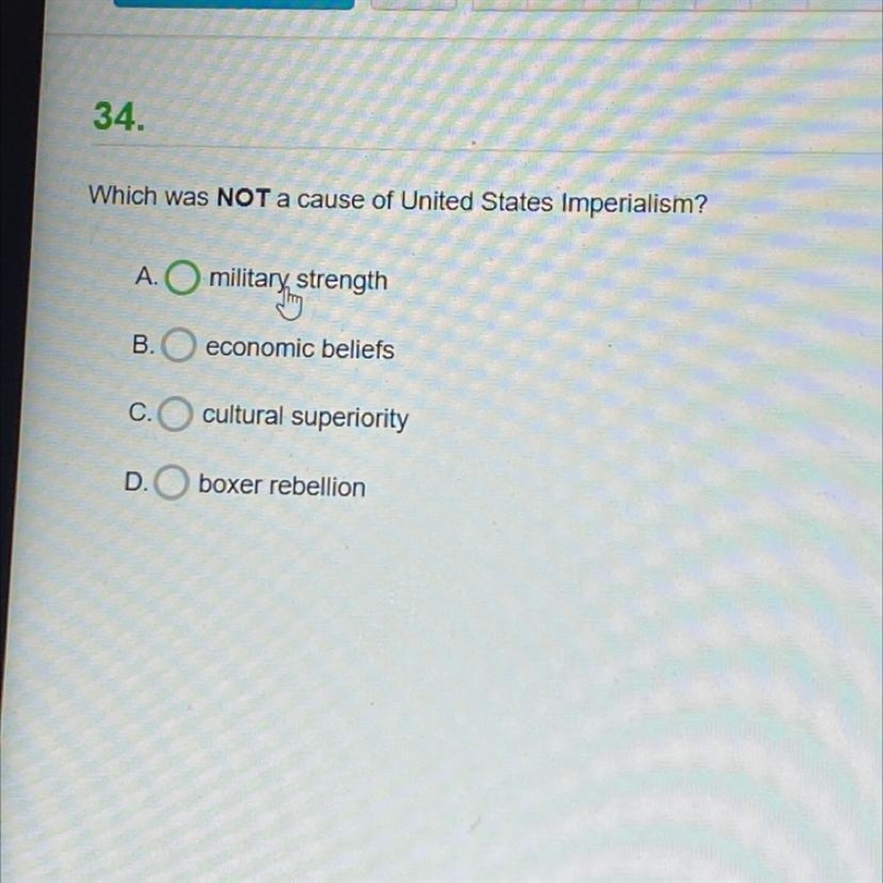 34. Which was NOT a cause of United States Imperialism?-example-1