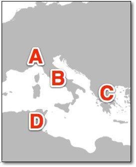 The capital of the Roman Empire could be found closest to which letter? A) A B) B-example-1