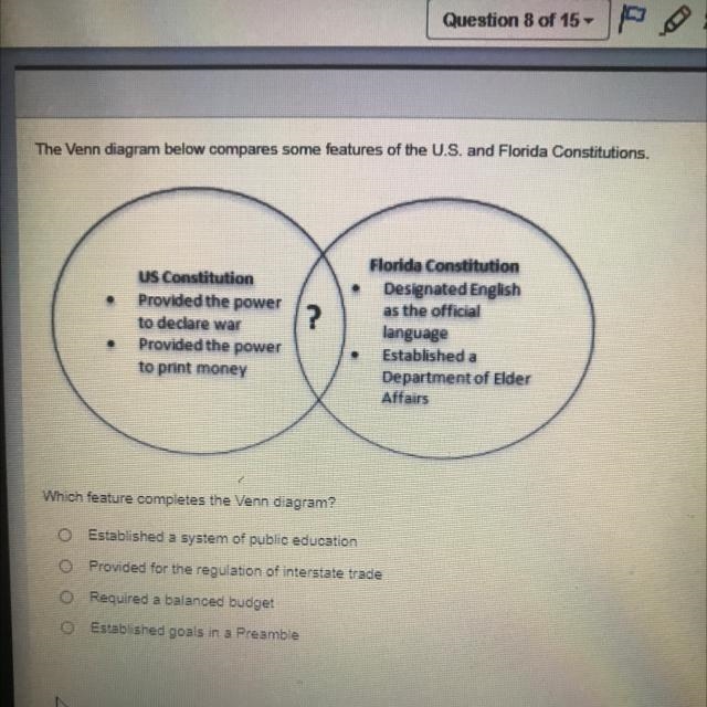 The Venn diagram below compares some features of the U.S. and Florida Constitutions-example-1