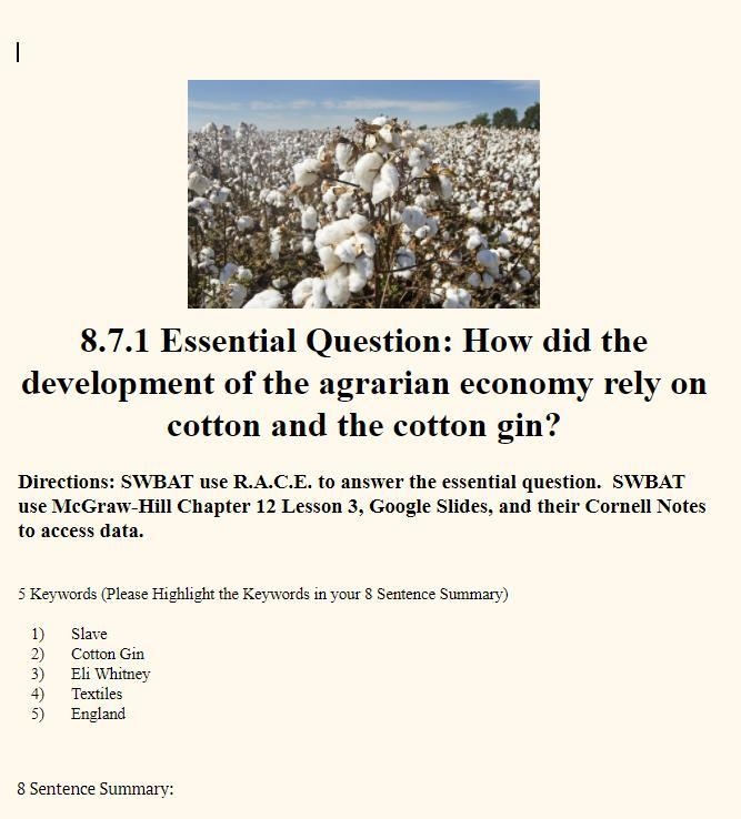 How did the development of the agrarian economy rely on cotton and the cotton gin-example-1