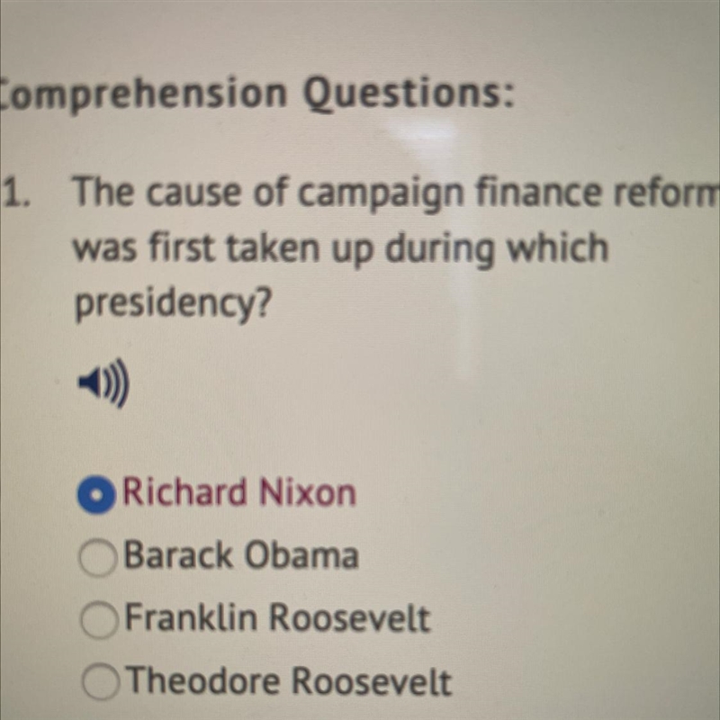 1. The cause of campaign finance reform was first taken up during which presidency-example-1