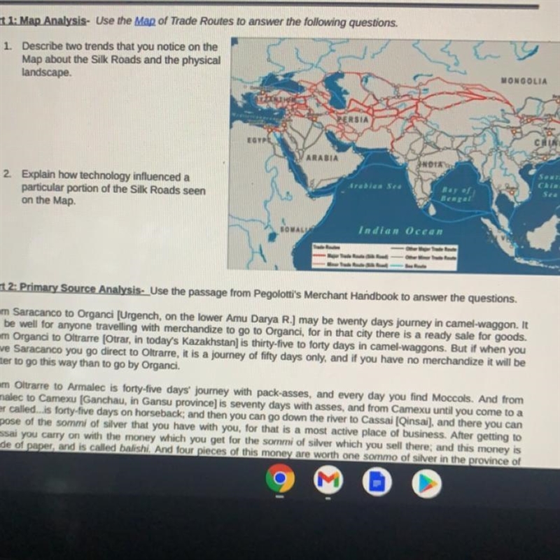 Describe two trends that you notice on the map about the silk roads and the physical-example-1