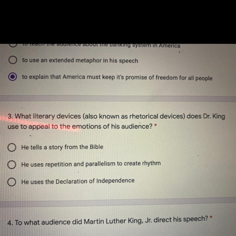 3. What literary devices (also known as rhetorical devices) does Dr. King use to appeal-example-1