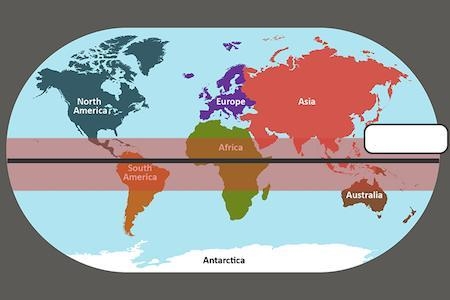 Identify the climate zone shaded in pink on the map. (A. Equator (B. Polar (C. Temperate-example-1