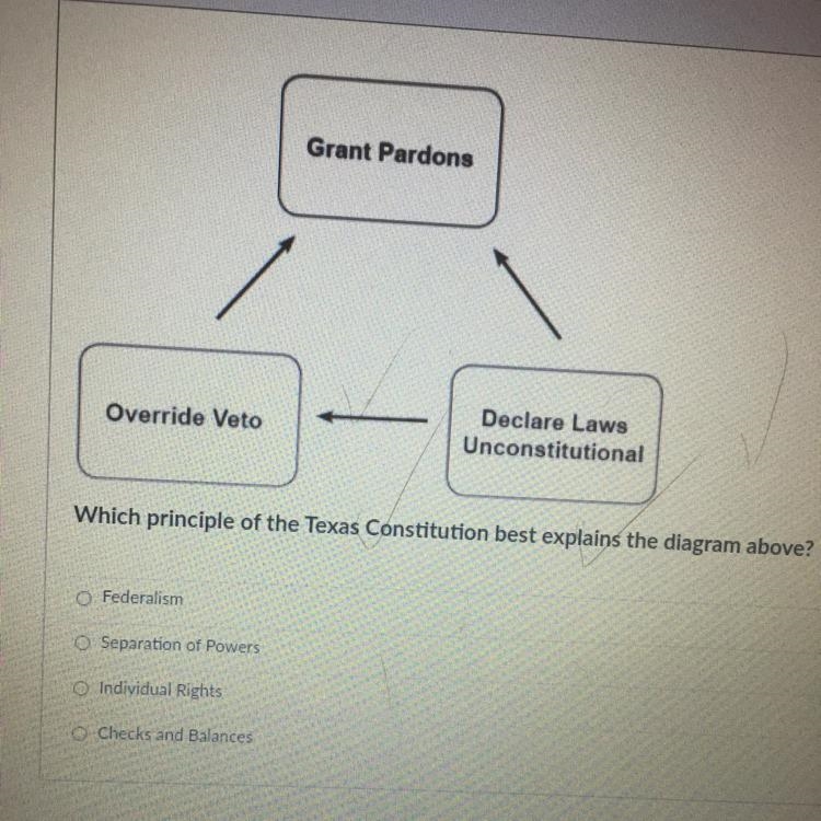 Which principle of the Texas Constitution best explains the diagram above?-example-1