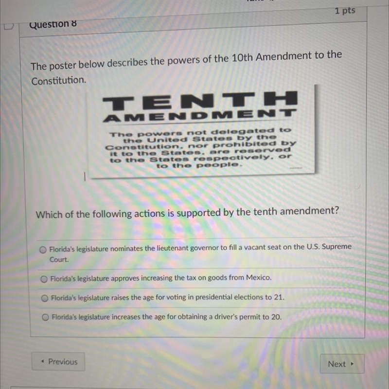 ANSWER QUICKLY Which of the following actions is supported by the tenth amendment-example-1