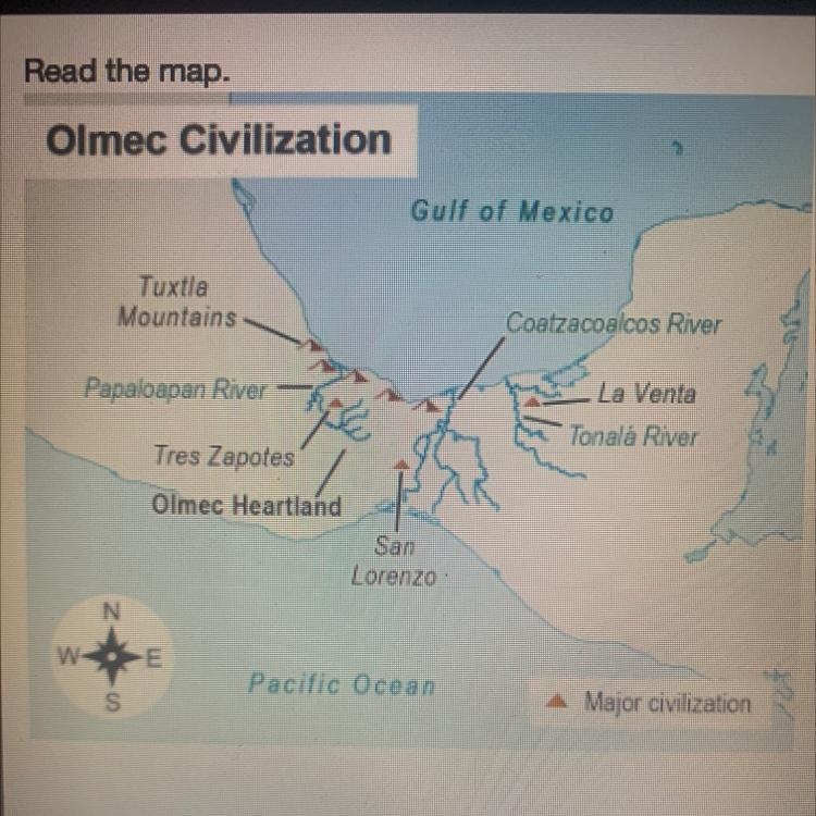 Based on the map, how did geography influence the development of Olmec civilizations-example-1