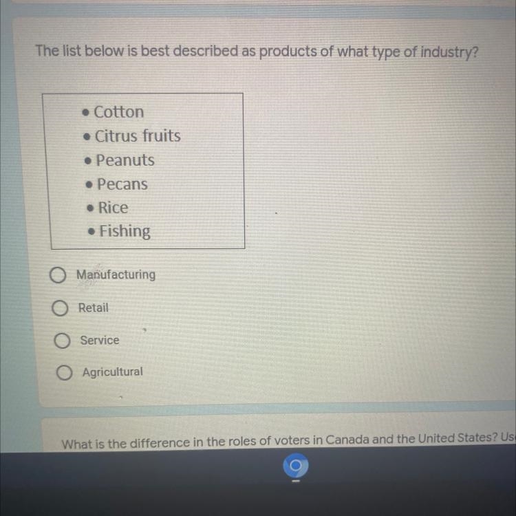 The list below is best described as products of what type of industry? •manufacturing-example-1