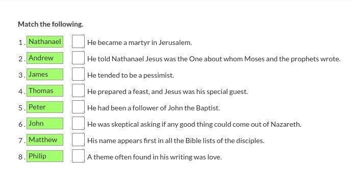 This Question Is On The Bible match the following about the disciples-example-1