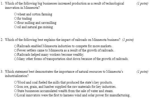 I NEED HELP QUICK! Minnesota Studies 6 B Unit 1: Growth and Industry 1. Which of the-example-1