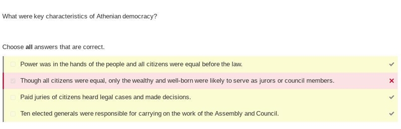 What were key characteristics of Athenian democracy? Choose all answers that are correct-example-1