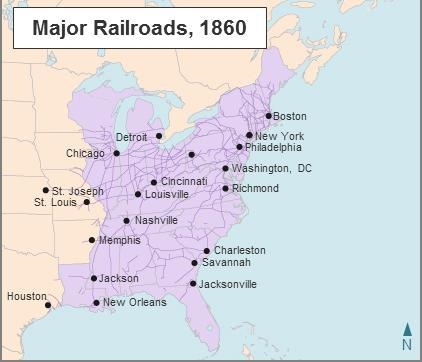 Looking at the map on the left, what inferences can you make about railroads in the-example-1