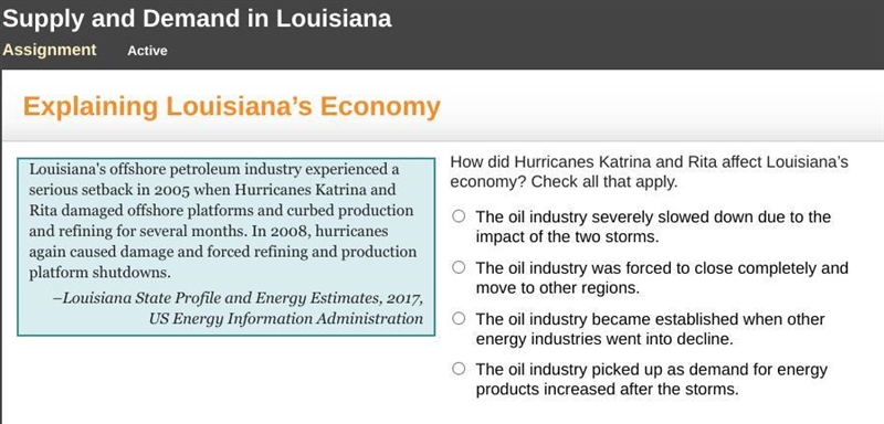 How did Hurricanes Katrina and Rita affect Louisiana’s economy? Check all that apply-example-1