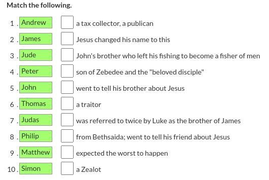 The twelve disciples match the following-example-1