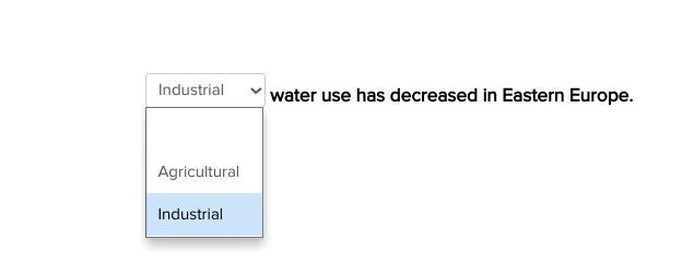 _________ water use has decreased in Eastern Europe. a. agricultural b. industrial-example-1