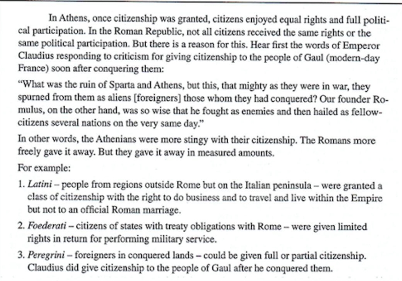 The document says that the Romans sometimes gave away citizenship rights in measured-example-1