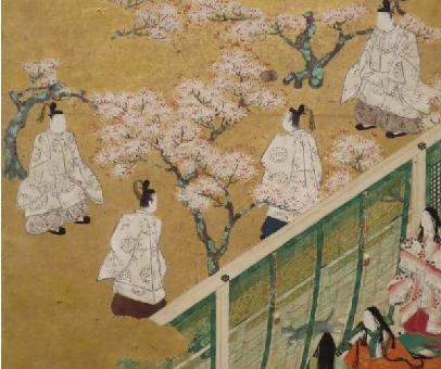 The image shows a scene from the golden age of Japan. An illustration on a scroll-example-1