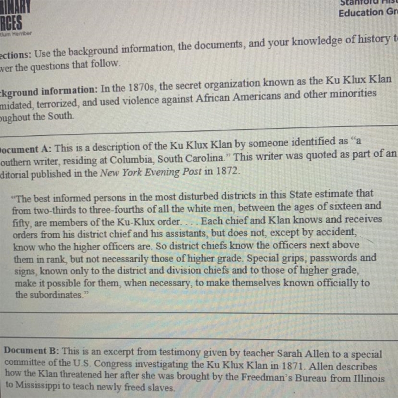 Question 1: Many Americans were concerned about the growth of the Ku Klux Klan. How-example-1