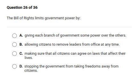 The Bill of Rights limits government power by:-example-1